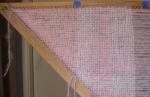 pink and white mohair shawl on tri-loom